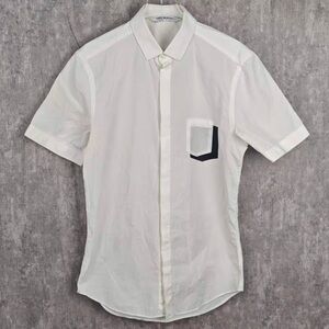 🚩steal authentic Neil Barrett White Short Sleeve Shirt with Black Pocket Accent